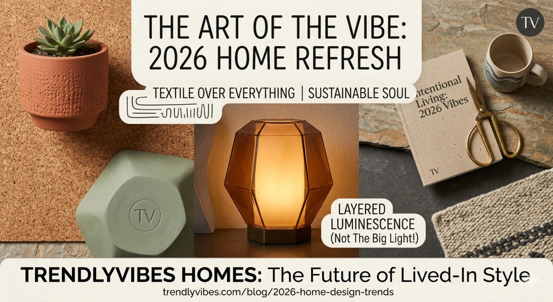 TrendlyVibes home decor 2026 interior design trends banner featuring modern sustainable lifestyle aesthetics, ambient lighting, textile styling and premium home inspiration for contemporary living spaces