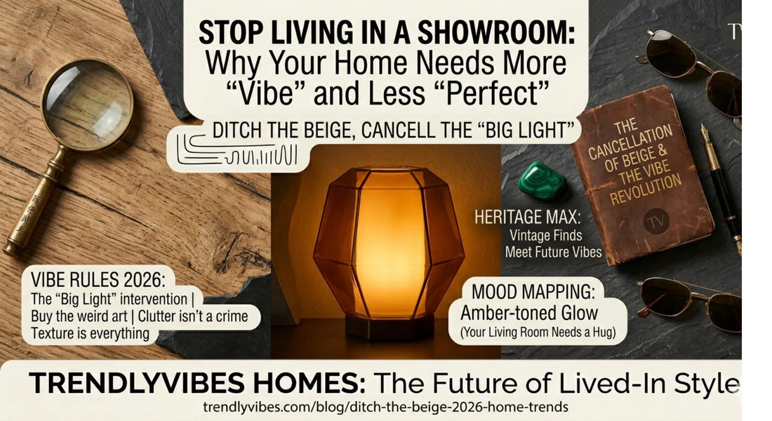 TrendlyVibes home decor vibe style 2026 interior design trends banner featuring ambient lighting, vintage elements, modern lifestyle aesthetics and lived-in home styling inspiration for contemporary interior spaces